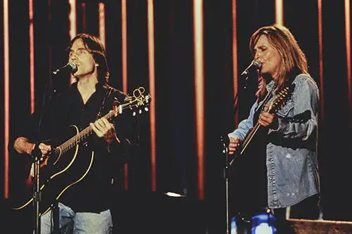 Jackson Browne and Melissa Etheridge playing at the Rock Hall opening concert